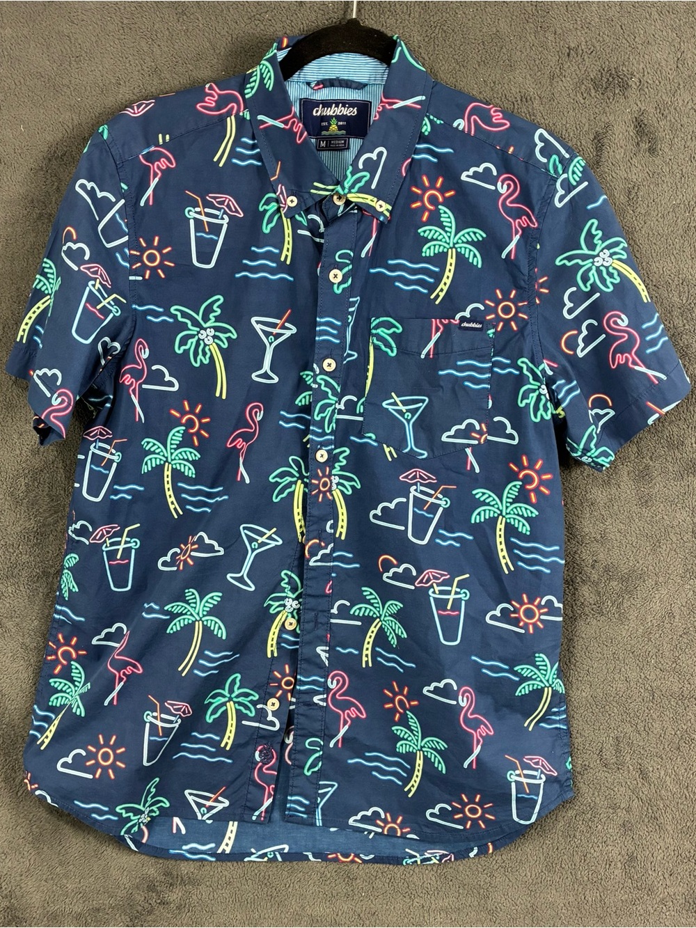 chubbies Navy Camp Shirt with Neon Pink, Green & Yellow Accents